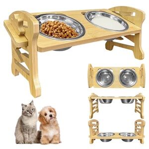 2 Stainless Steel Cat Bowls w/ Adjustable & Raised Bamboo Stand, Anti Vomitting